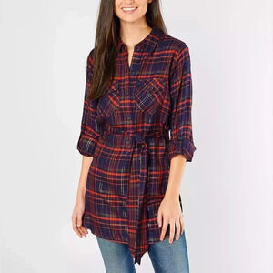 Miss Me Navy Red‎ Metallic Plaid Tunic Long Shirt Tie Waist Button Down Size M